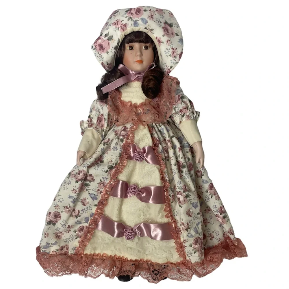 Vintage Victorian Porcelain Doll Floral Lace Cottage Core Flower Prairie Dress